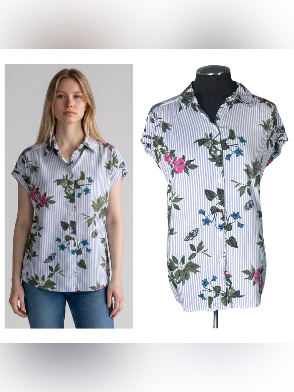 🆕 Joules – Floral Striped Short Sleeve Button-Down Shirt – Size 6